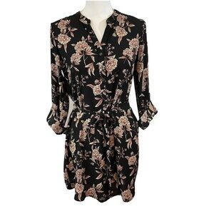 Forever 21 Black Shirtdress with Rose and Cream Floral Pattern Roll Sleeves. S